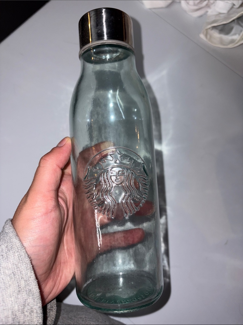 Starbucks Aqua Glass Bottle with Silver Cap and Embossed Logo